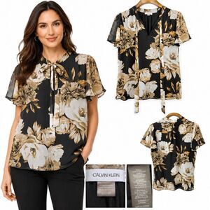 Calvin Klein S Floral Tie Neck Chiffon Blouse Black Tan